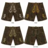 Aged olive suede lederhosen with Alpine Crest embroidery collage featuring White, Yellow, Light Green, and Dark Green embroidery color options.