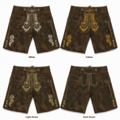Aged olive suede lederhosen with Alpine Crest embroidery collage featuring White, Yellow, Light Green, and Dark Green embroidery color options.