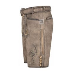 Left angled view of Ashen Oak genuine leather Bavarian lederhosen
