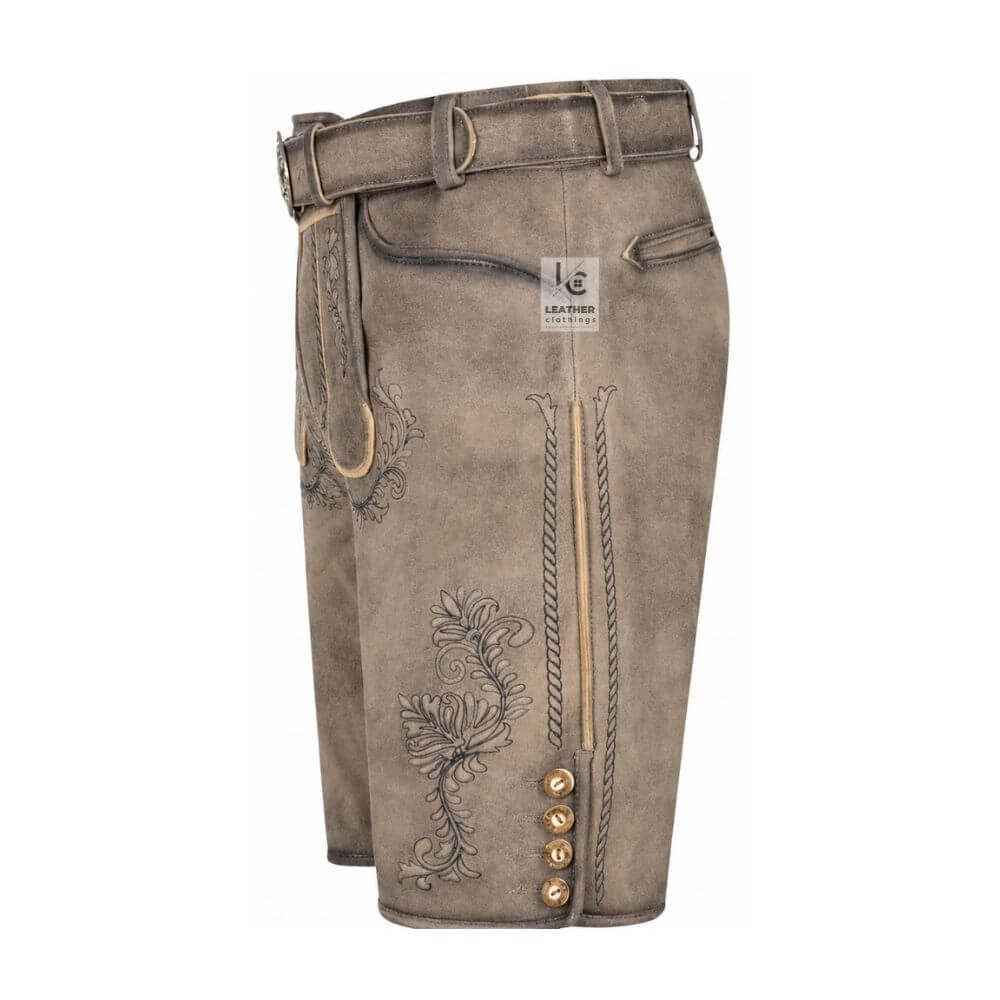 Left angled view of Ashen Oak genuine leather Bavarian lederhosen