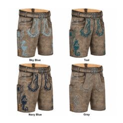Ashen Oak Genuine Lederhosen right angle view featuring Sky Blue, Teal, Navy Blue and Gray embroidery color options on premium genuine leather.