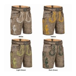 Ashen Oak Genuine Lederhosen right angle view showing White, Yellow, Light Green and Dark Green embroidery color options on premium genuine leather.