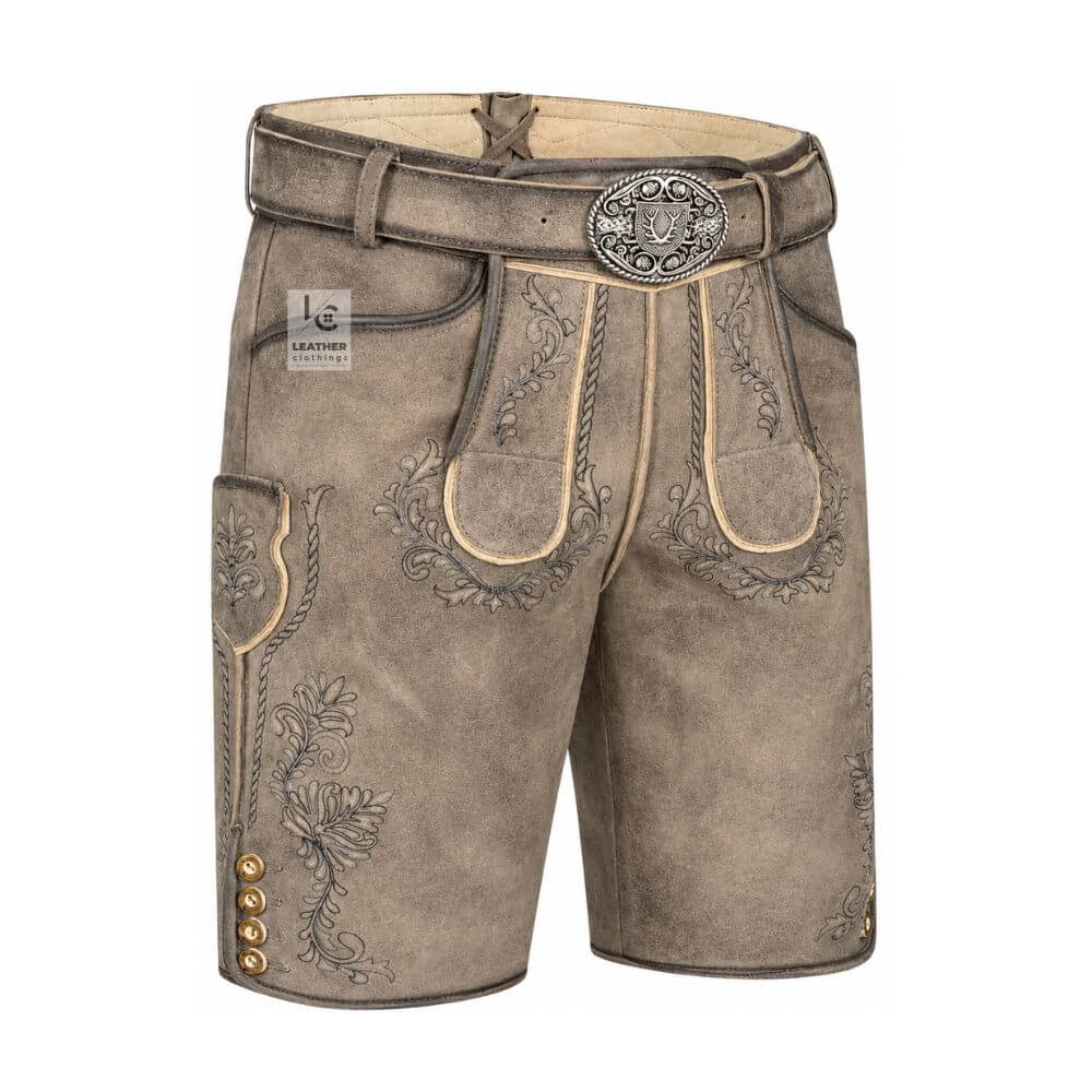 Ashen Oak Genuine Leather Lederhosen in ashen oak gray with floral embroidery