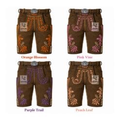 Authentic antique chestnut suede lederhosen with Orange Blossom, Pink Vine, Purple Trail, and Peach Leaf embroidery color variations.