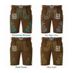 Authentic antique chestnut suede lederhosen with Turquoise Blossom, Sky Blue Vine, Fern Green, and Olive Leaf embroidery color variations.