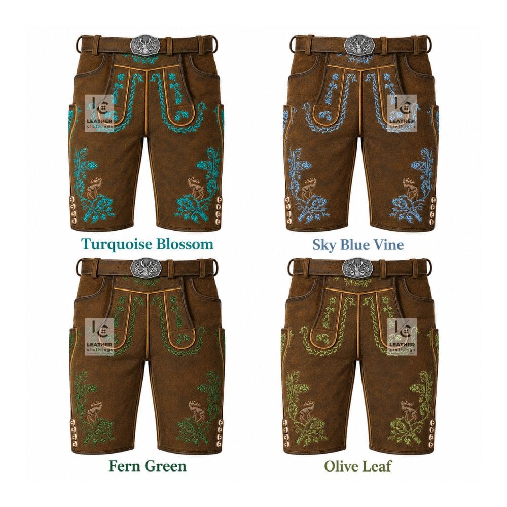 Authentic antique chestnut suede lederhosen with Turquoise Blossom, Sky Blue Vine, Fern Green, and Olive Leaf embroidery color variations.