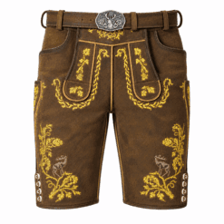 Authentic antique chestnut cowhide leather lederhosen front view with yellow floral embroidery, traditional deer motifs, engraved metal buckle, and Bavarian detailing.