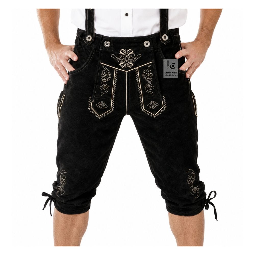 Authentic black leather Bundhosen with suspenders and silver-grey embroidery front view