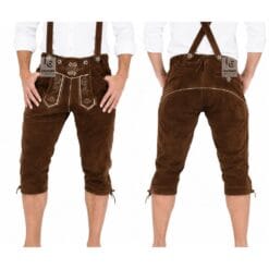 Authentic Brown Leather Bundhosen with Suspenders front and back view