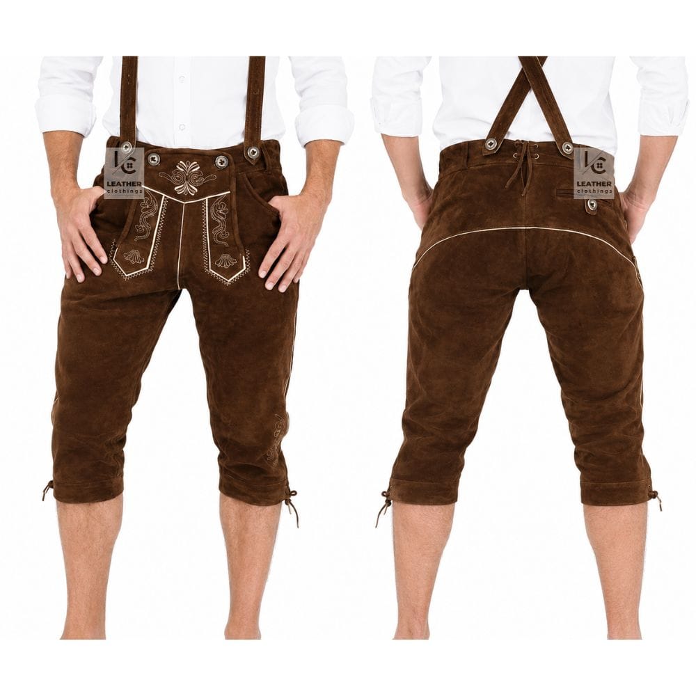 Authentic Brown Leather Bundhosen with Suspenders front and back view
