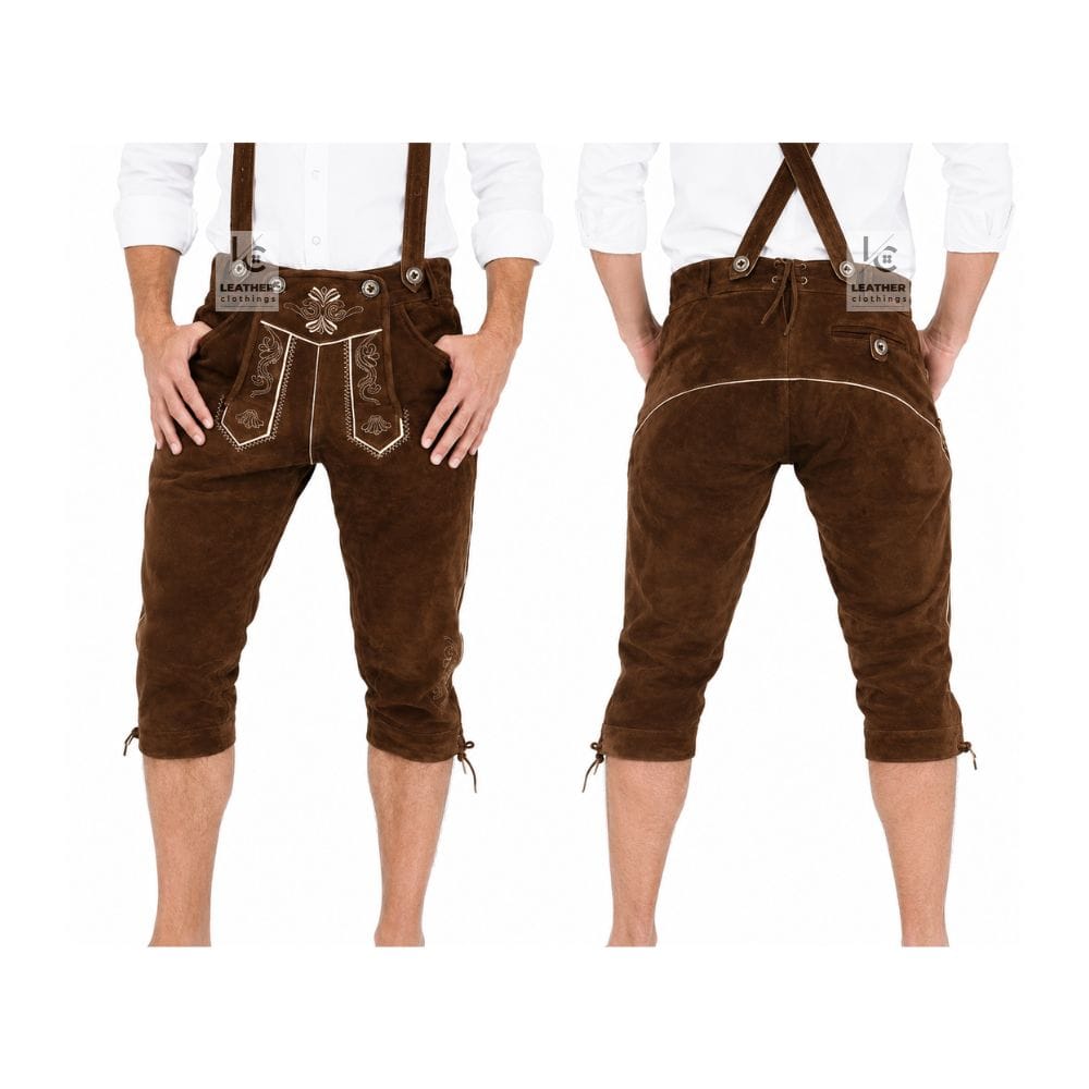 Authentic Brown Leather Bundhosen with Suspenders front and back view