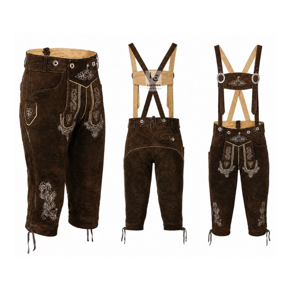 Bavarian Oktoberfest Bundhosen with Edelweiss Scroll embroidery, embroidered suspenders, and premium suede leather