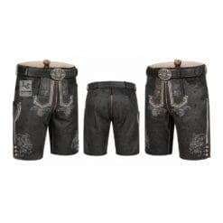 Black Oktoberfest lederhosen with Baroque Scroll embroidery and engraved leather belt