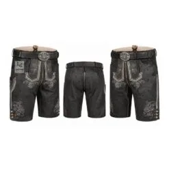 Black Oktoberfest lederhosen with Baroque Scroll embroidery and engraved leather belt