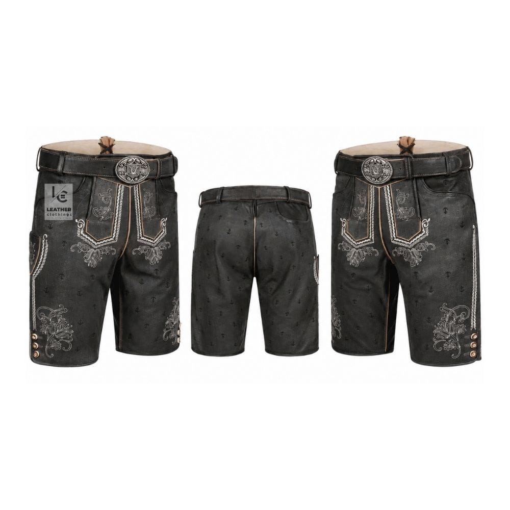 Black Oktoberfest lederhosen with Baroque Scroll embroidery and engraved leather belt