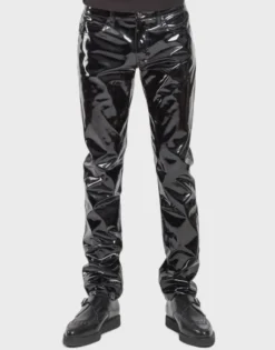 Black vinyl PVC goth pants with glossy slim fit design front view
