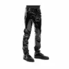 Angled view of Black Vinyl PVC Goth Punk Slim Fit Pants with glossy cowhide leather finish.