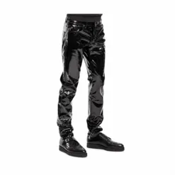 Angled view of Black Vinyl PVC Goth Punk Slim Fit Pants with glossy cowhide leather finish.