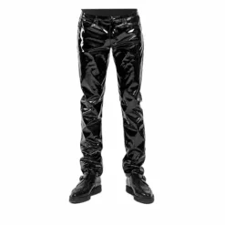 Front view of Black Vinyl PVC Goth Punk Slim Fit Pants with glossy cowhide leather finish.