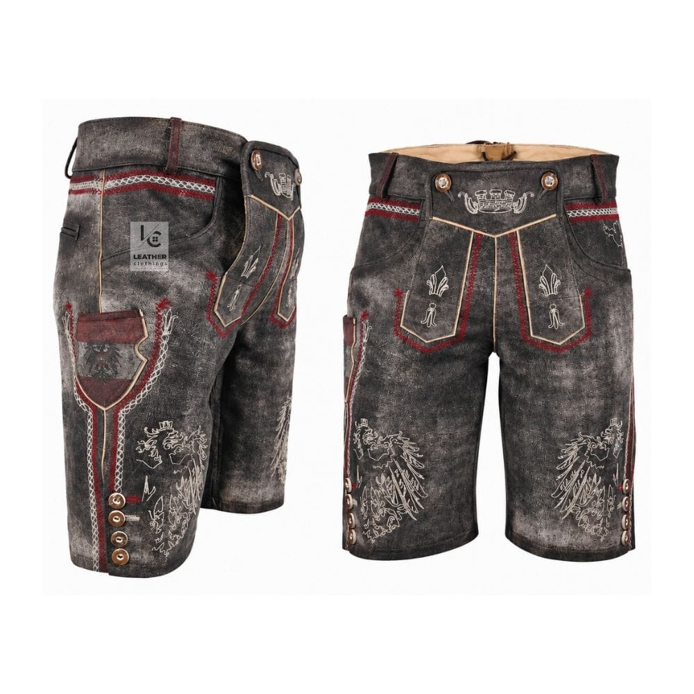 Charcoal Grey Oktoberfest lederhosen with Royal Eagle embroidery on premium suede leather