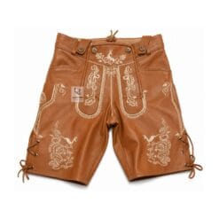 Chestnut Brown Leather Lederhosen with Deer and Edelweiss Embroidery Front View