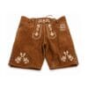 Cognac Suede Lederhosen with Alpine Arabesque Embroidery Front View
