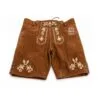 Cognac Suede Lederhosen with Alpine Arabesque Embroidery Front View