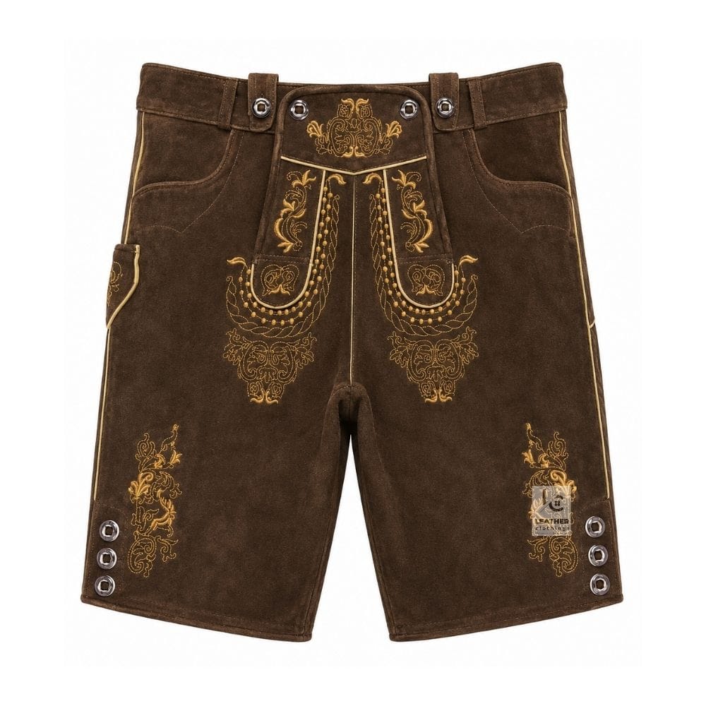 Espresso Suede Lederhosen with Heritage Vine Embroidery Front and Back View