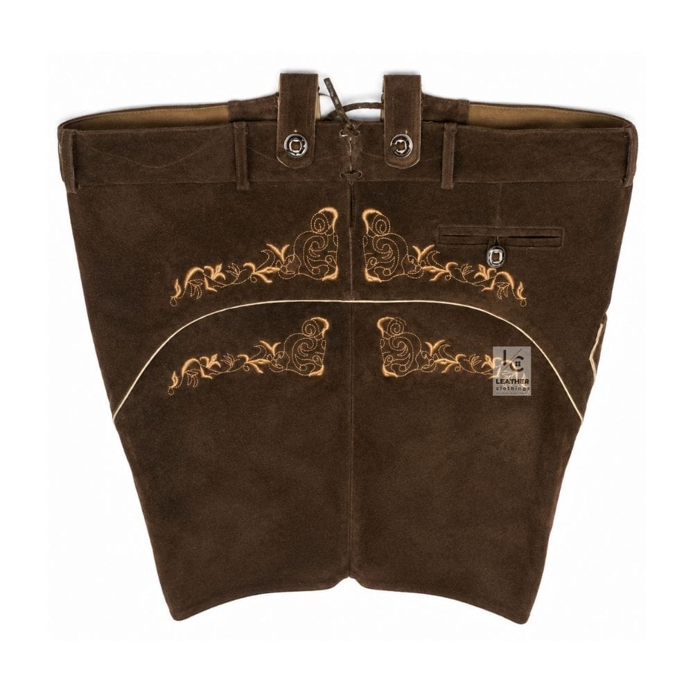 Espresso Suede Lederhosen with Heritage Vine Embroidery Front and Back View