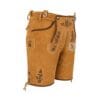 Golden Oak suede lederhosen with Heritage Leaf Scroll embroidery and traditional Bavarian flap