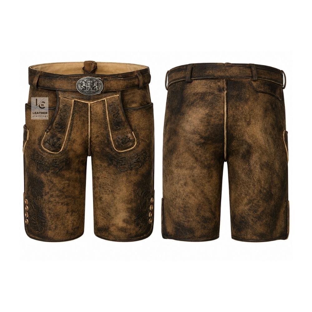 Distressed brown suede lederhosen shorts with Heritage Oak Scroll embossed detailing and engraved leather belt