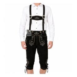 Jet Black Lederhosen Bundhosen Shorts with silver embroidery and matching suspenders