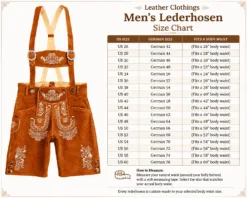 Leather Clothings men's lederhosen size chart showing US sizes, German sizes, and corresponding body waist measurements alongside traditional embroidered brown leather lederhosen.