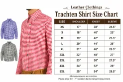 Leather Clothings Trachten Shirt Size Chart with shoulder, chest, and sleeve measurements from XS to 5XL alongside men's checkered Trachten shirts.