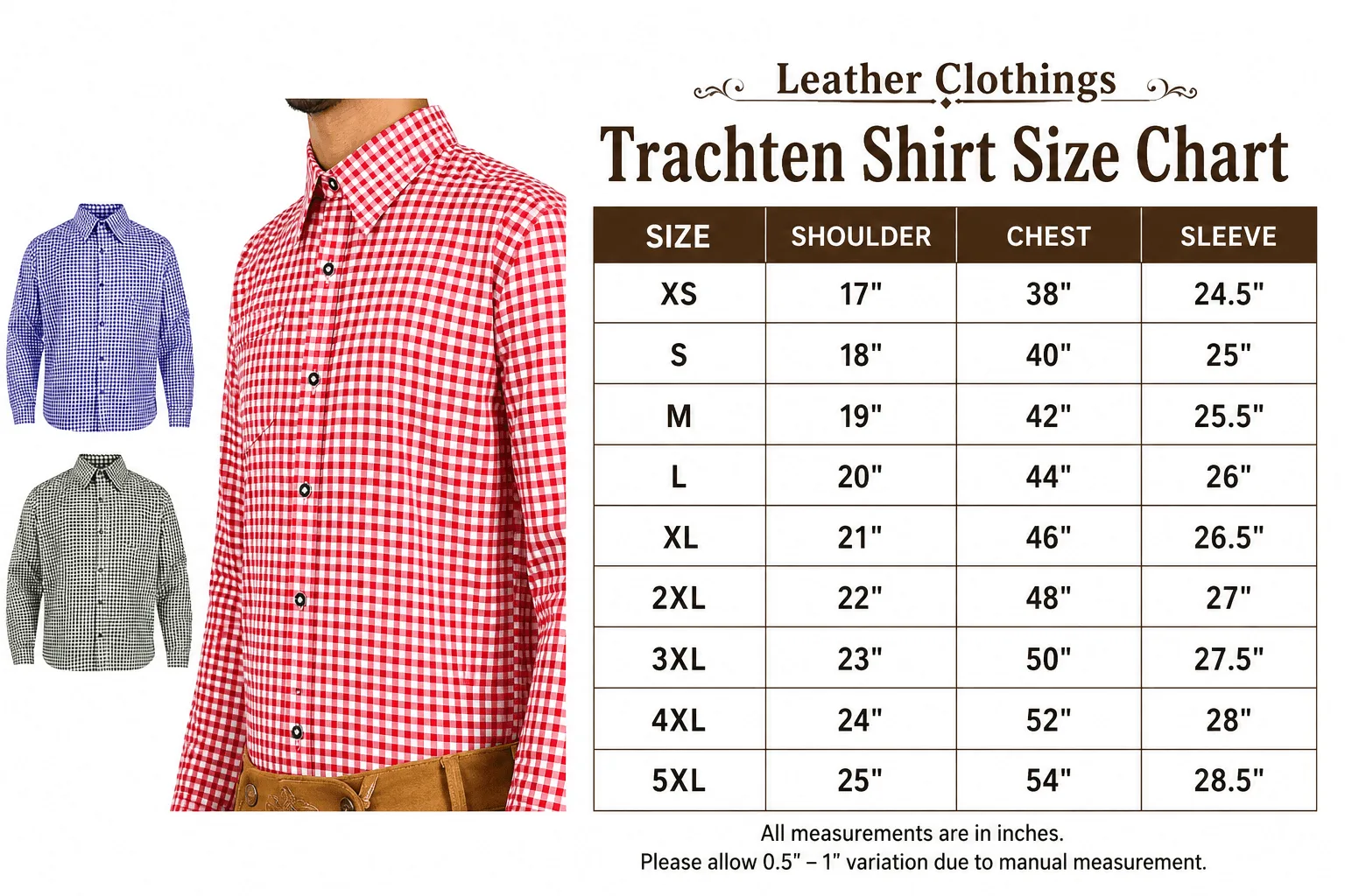 Leather Clothings Trachten Shirt Size Chart with shoulder, chest, and sleeve measurements from XS to 5XL alongside men's checkered Trachten shirts.