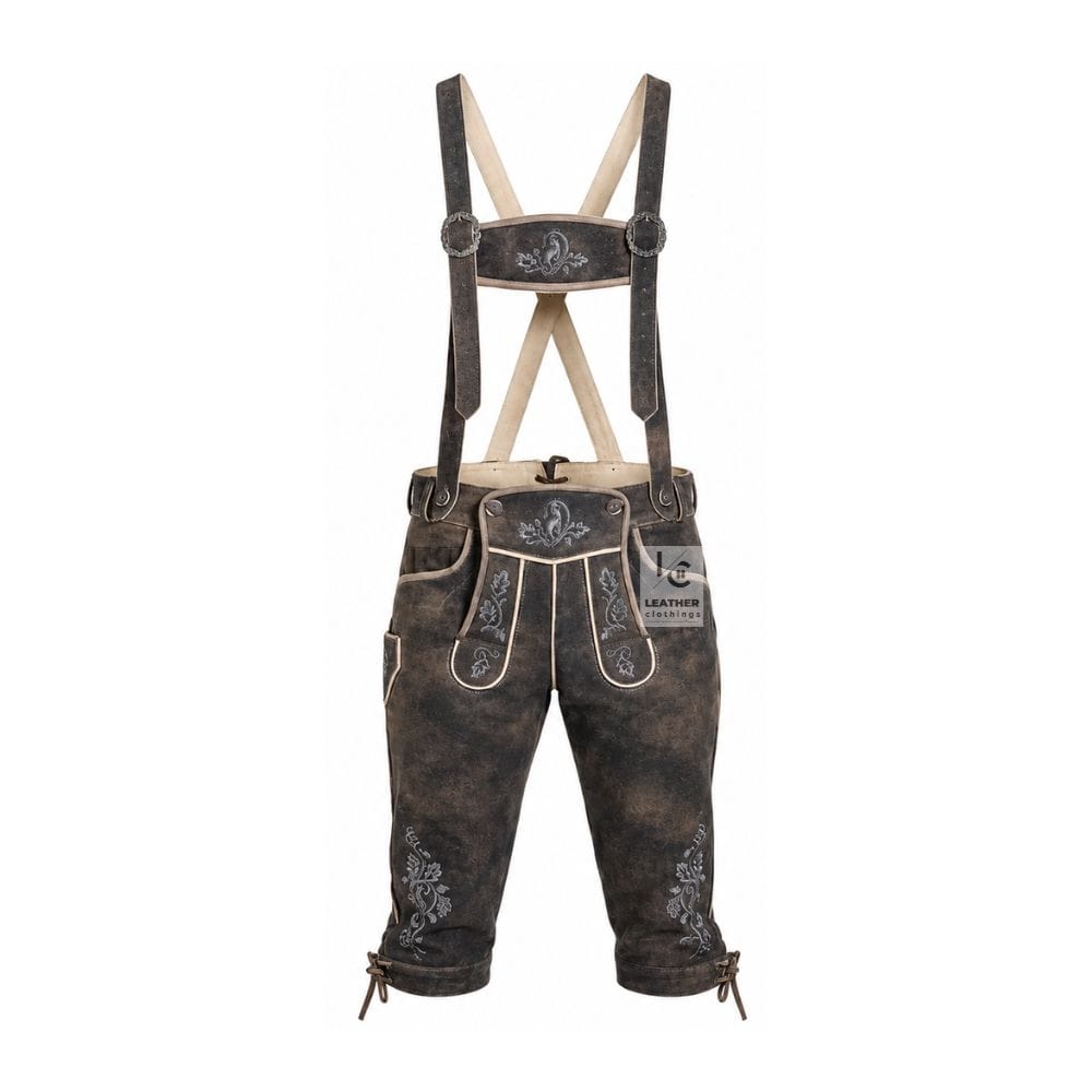 Men's antique charcoal Bundhosen with suspenders in genuine leather front view