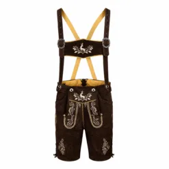 Men's Dark Brown Lederhosen with Stag Crest Embroidery and Matching Suspenders