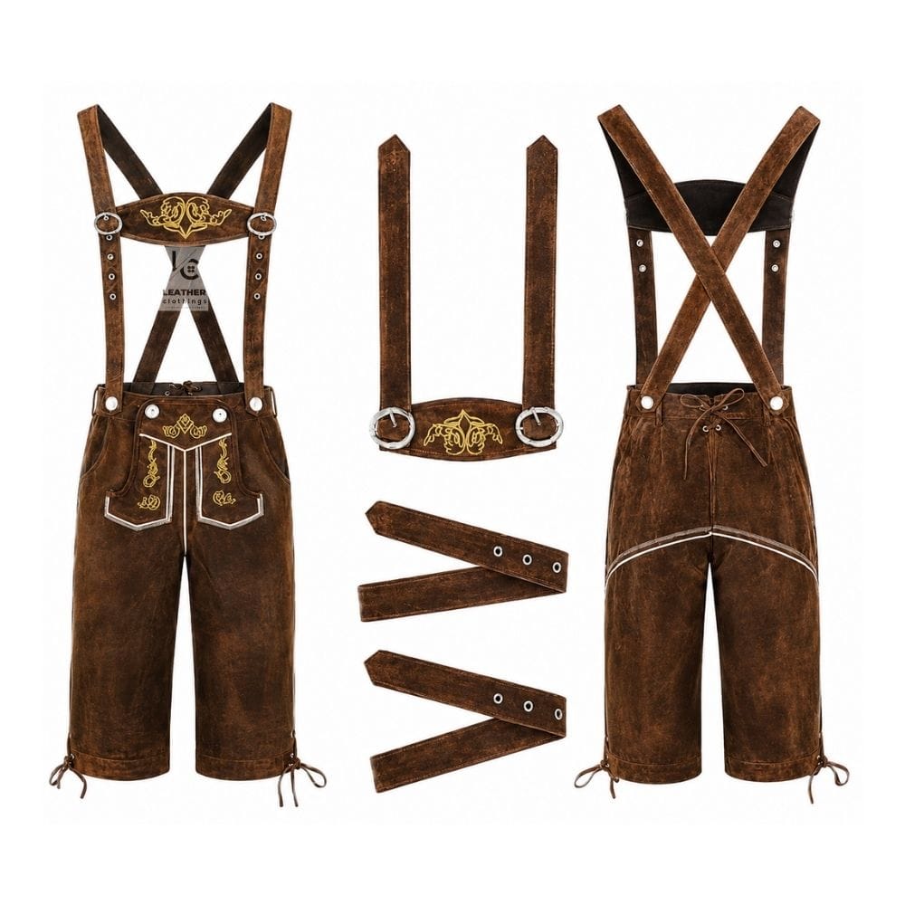 Men's German Oktoberfest Bundhosen with Royal Crest embroidery and adjustable embroidered suspenders