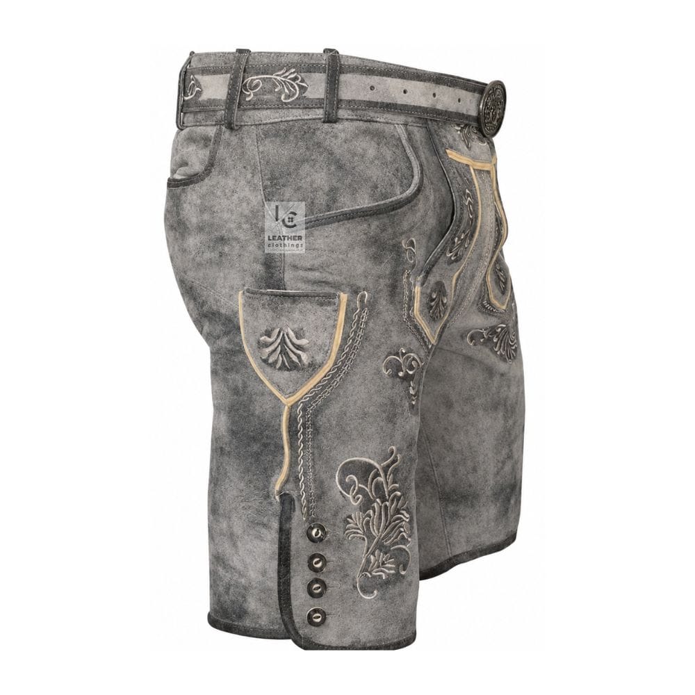 Angled view of gray genuine leather lederhosen with embroidered detailing