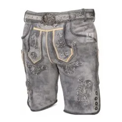 Men's Gray Leather Lederhosen with light gray floral embroidery and Bavarian belt