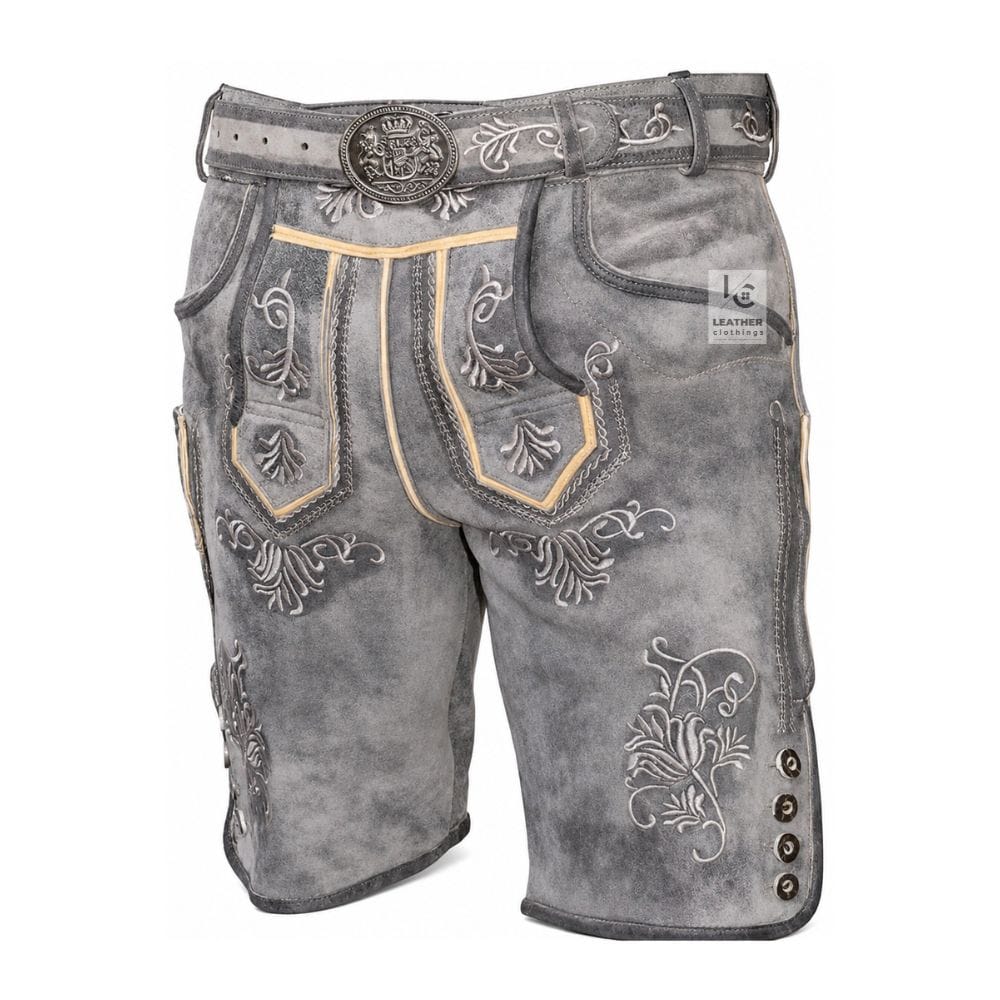Men's Gray Leather Lederhosen with light gray floral embroidery and Bavarian belt