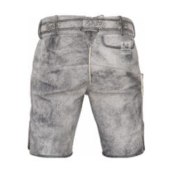 back profile of men's gray leather lederhosen with traditional knife pocket