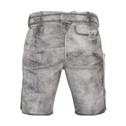 back profile of men's gray leather lederhosen with traditional knife pocket
