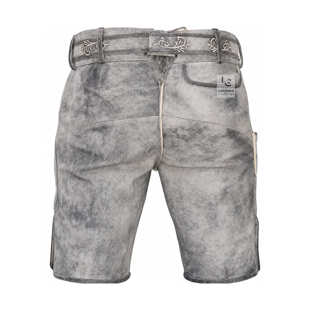 back profile of men's gray leather lederhosen with traditional knife pocket