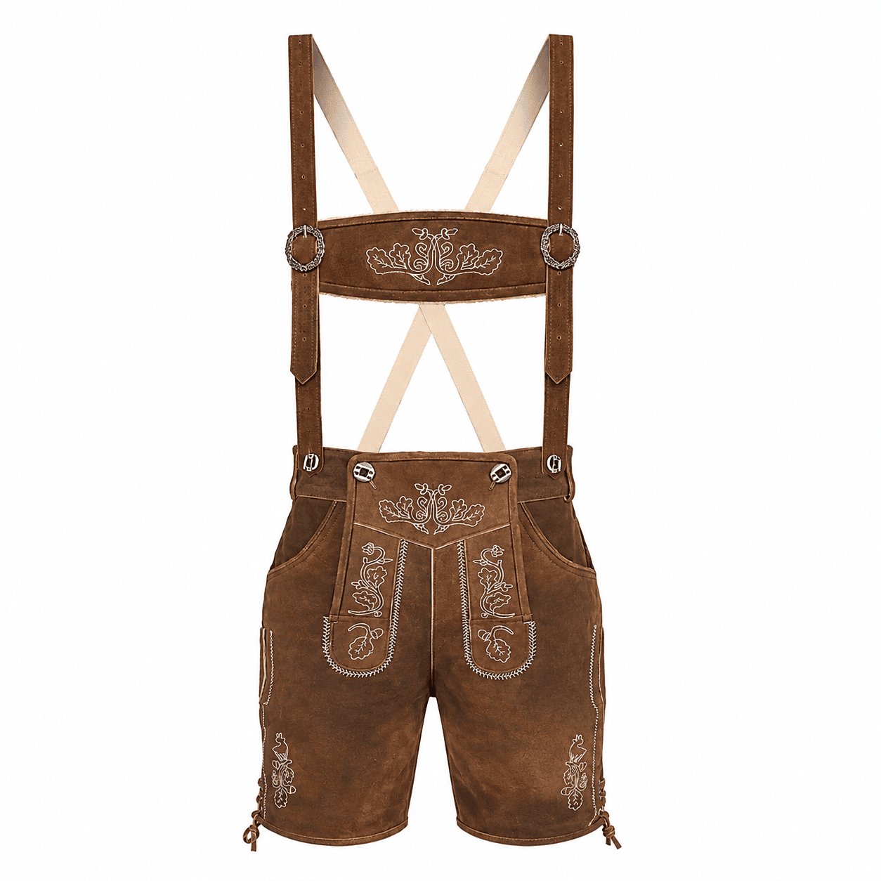 Men's Oak Crest Lederhosen with Embroidered Suspenders in Antique Brown Suede