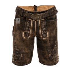 Men's vintage espresso leather lederhosen with stag embroidery and Bavarian belt