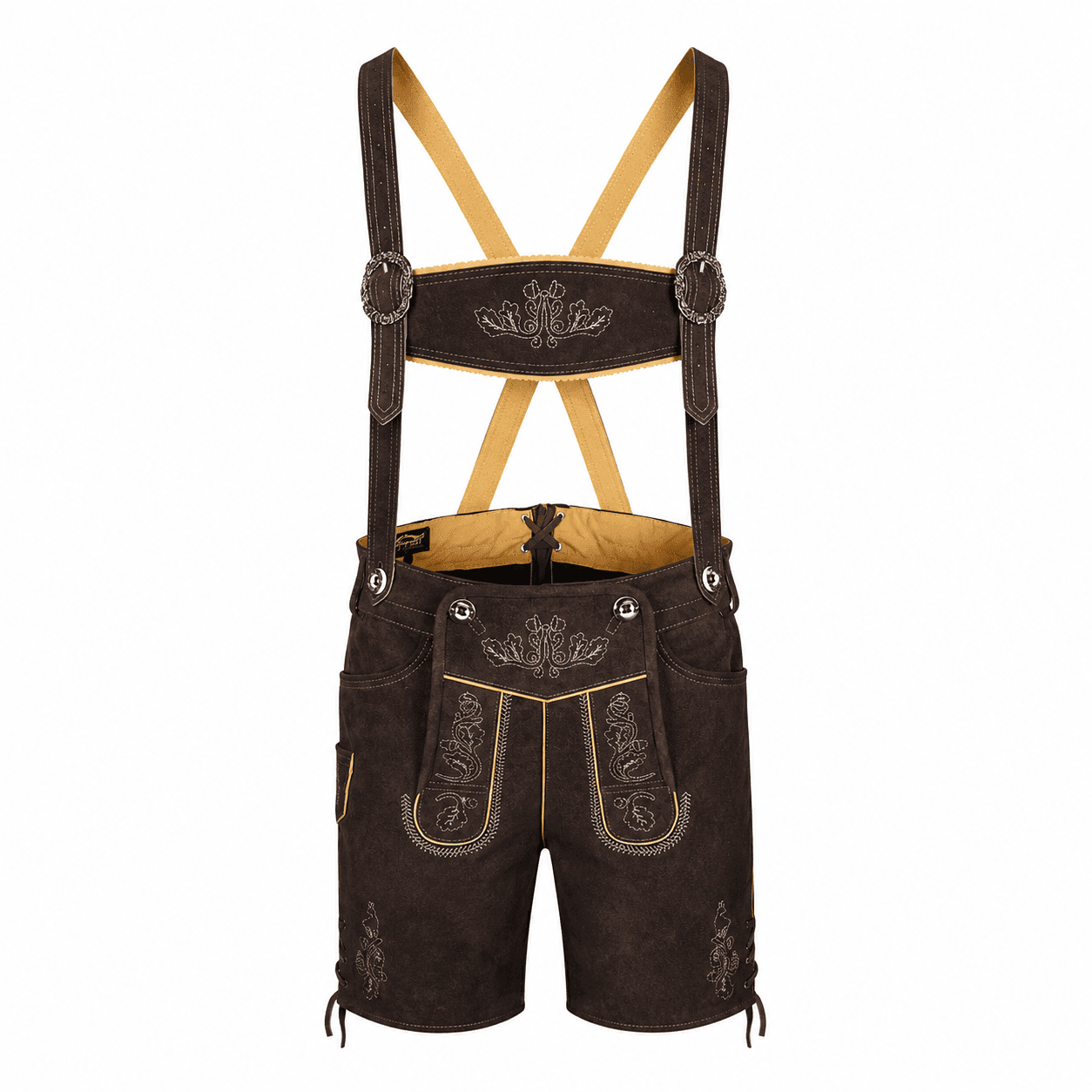 Men's Walnut Oak Leaf Lederhosen with Traditional Embroidered Suspenders