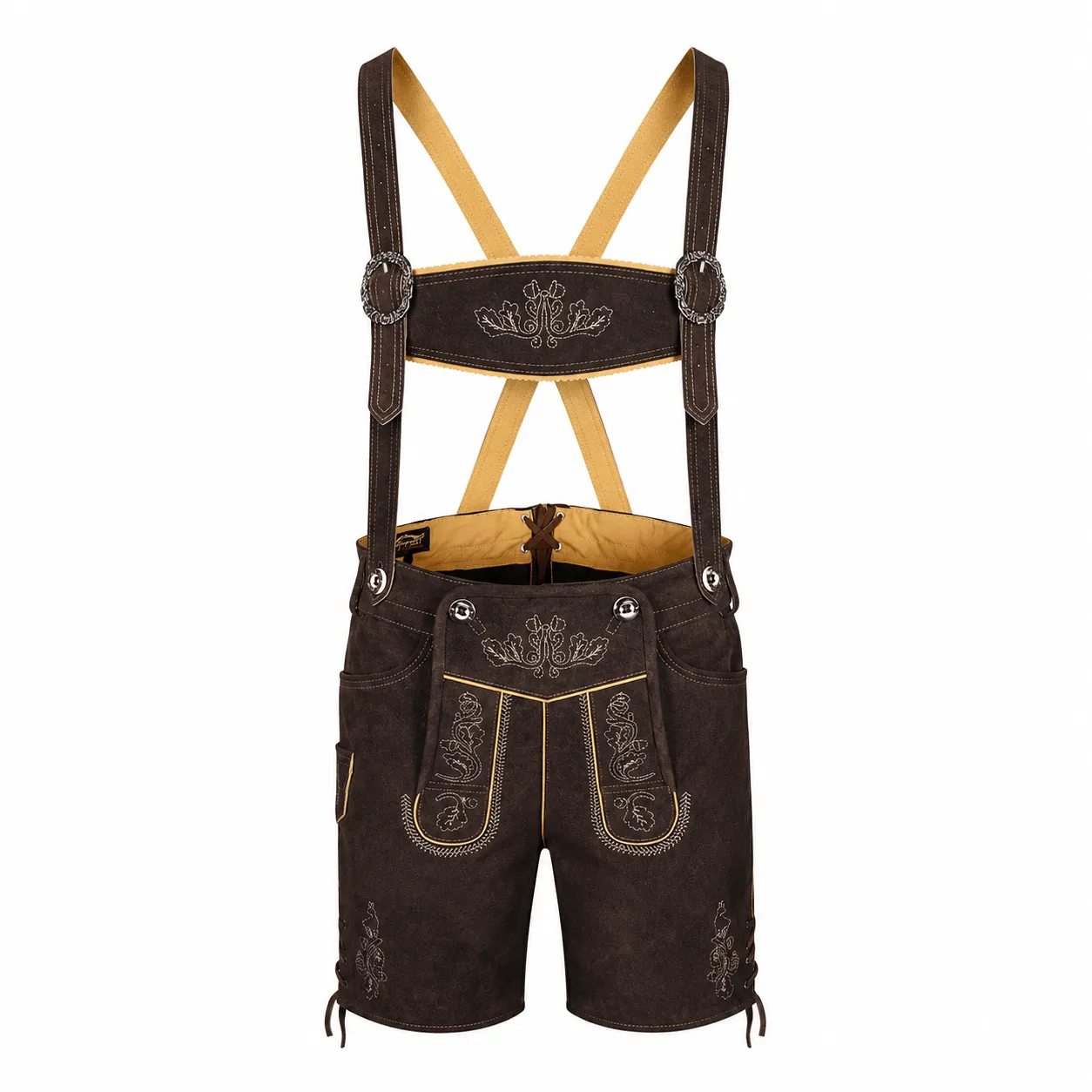 Men's Walnut Oak Leaf Lederhosen with Traditional Embroidered Suspenders