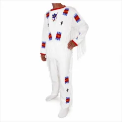 Men's white cotton fringe shirt with colorful beaded trim and long fringe detailing