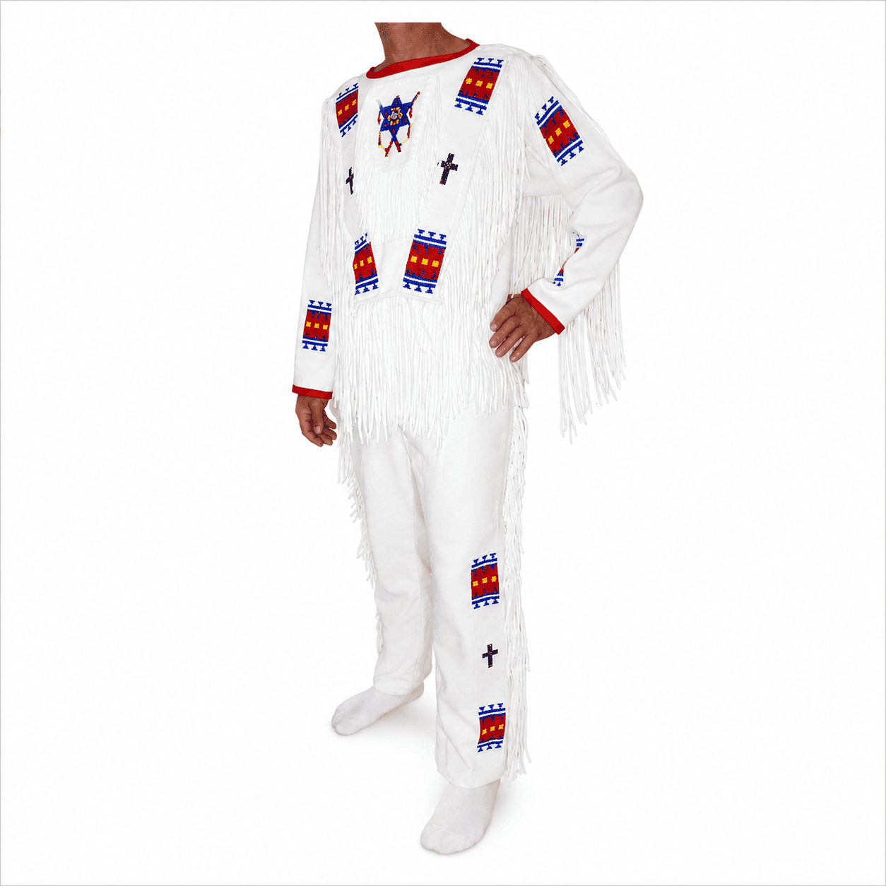 Men's white cotton fringe shirt with colorful beaded trim and long fringe detailing
